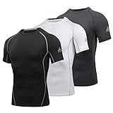 AMZSPORT Maglietta Compressione da Uomo a Manica Corta Rapida Asciugatura T Shirt Sportiva, 3 Confezioni, Nero, Bianco, Grigio L